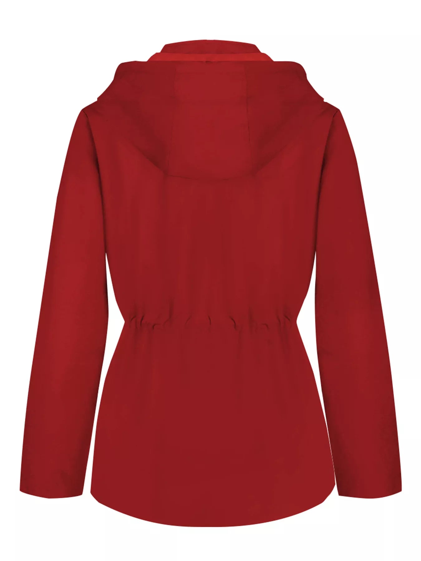 Red hooded zip-up jacket with drawstring waist detail