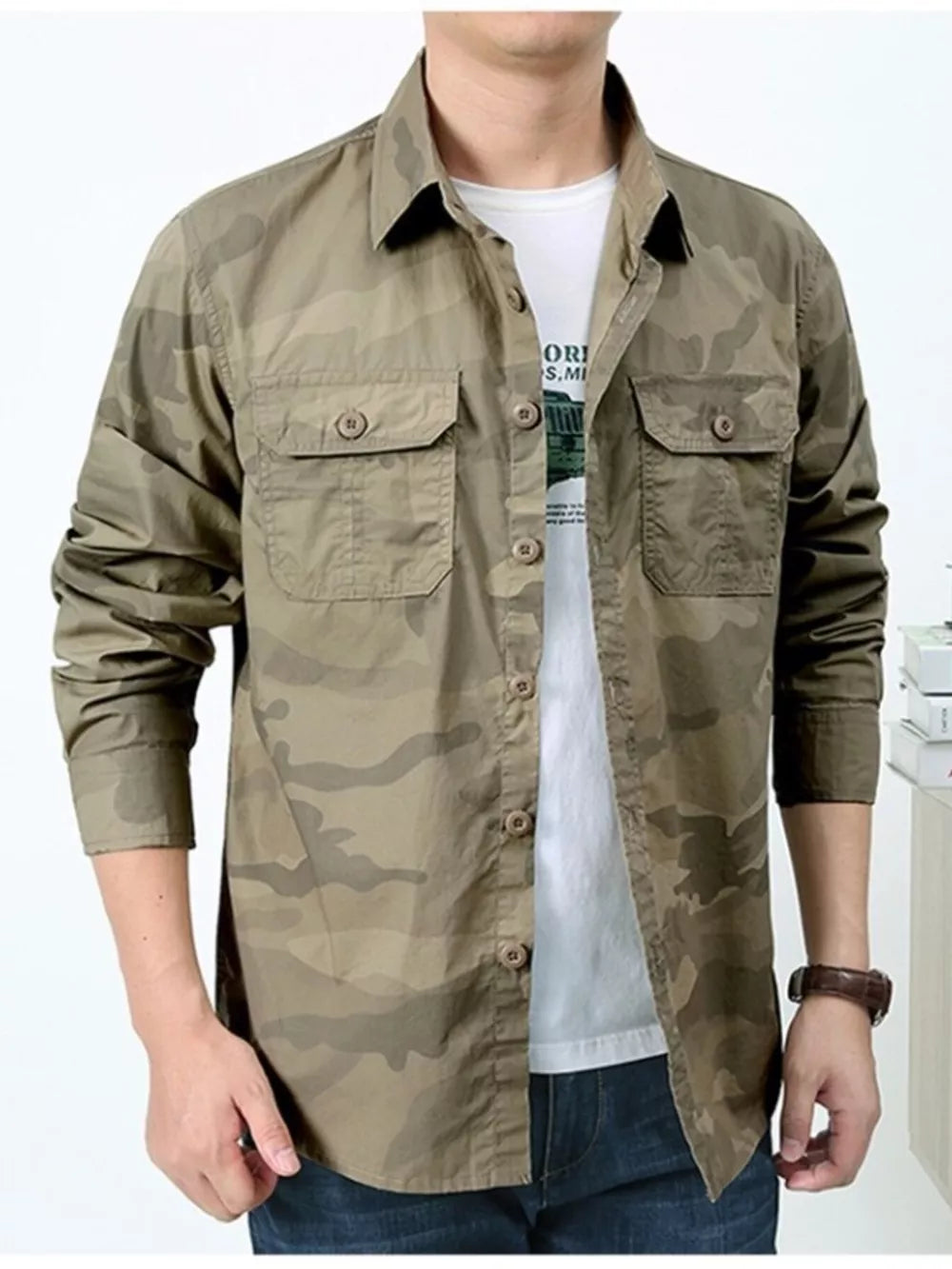 Men's Plus Size Camouflage Print Long Sleeve Shirt in Army Green, fit detail