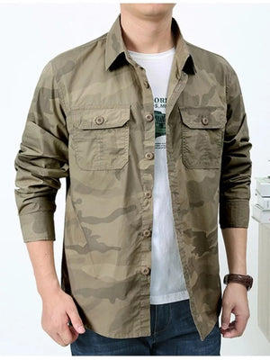 Men's Plus Size Camouflage Print Long Sleeve Shirt in Army Green, fit detail