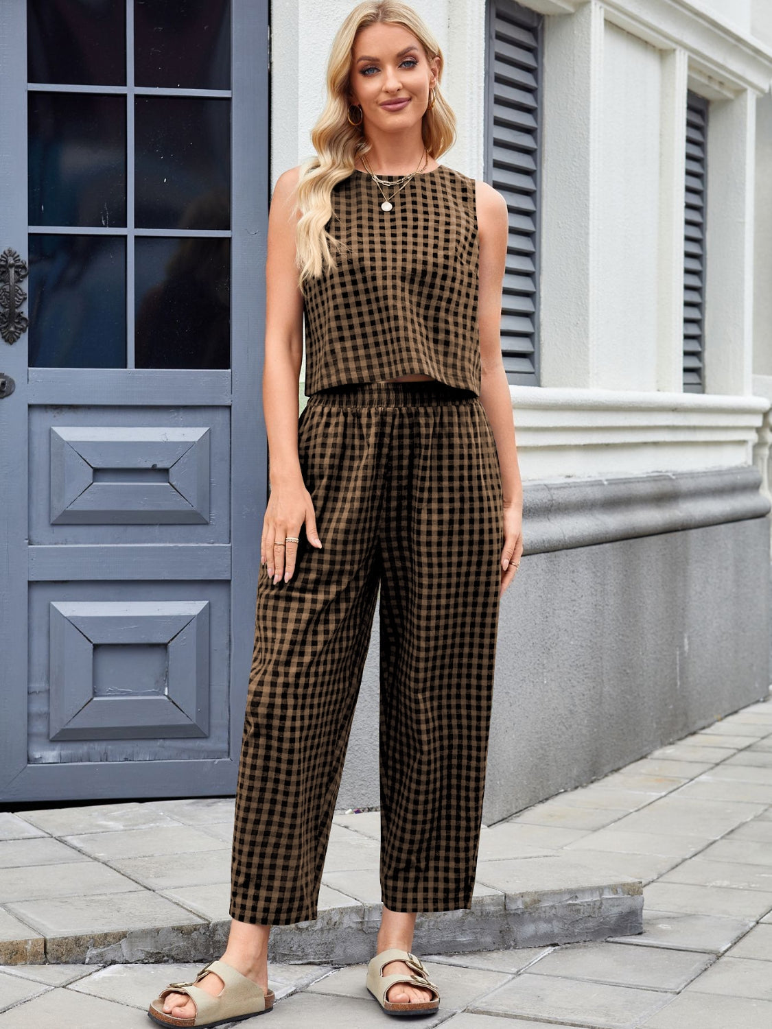 Gingham cropped tank and wide leg pants set in brown and black.