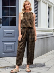 Gingham cropped tank and wide leg pants set in brown and black.