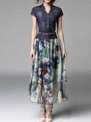 Patchwork floral chiffon maxi dress with denim top, button-down front, and short sleeves.