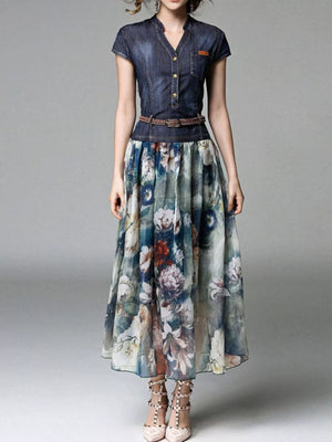 Patchwork floral chiffon maxi dress with denim top, button-down front, and short sleeves.