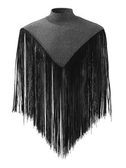 Embellished collar fringe overlay top in black with a textured gray yoke.