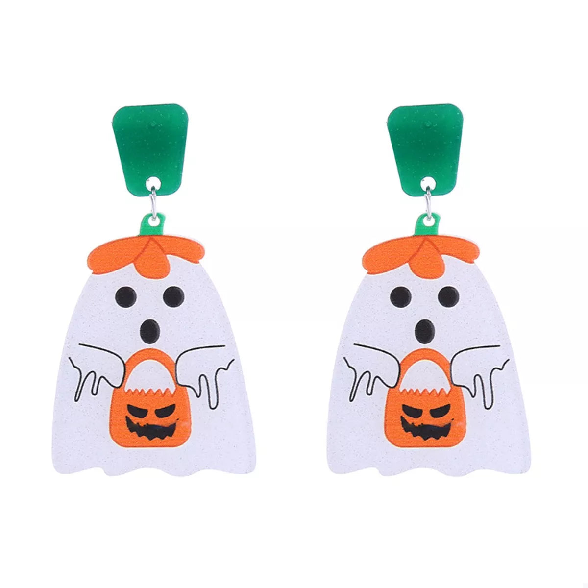 Spooky ghost dangle earrings with jack-o-lantern candy bags and green tops.