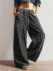 Distressed Floral Appliqué Wide-leg Jeans