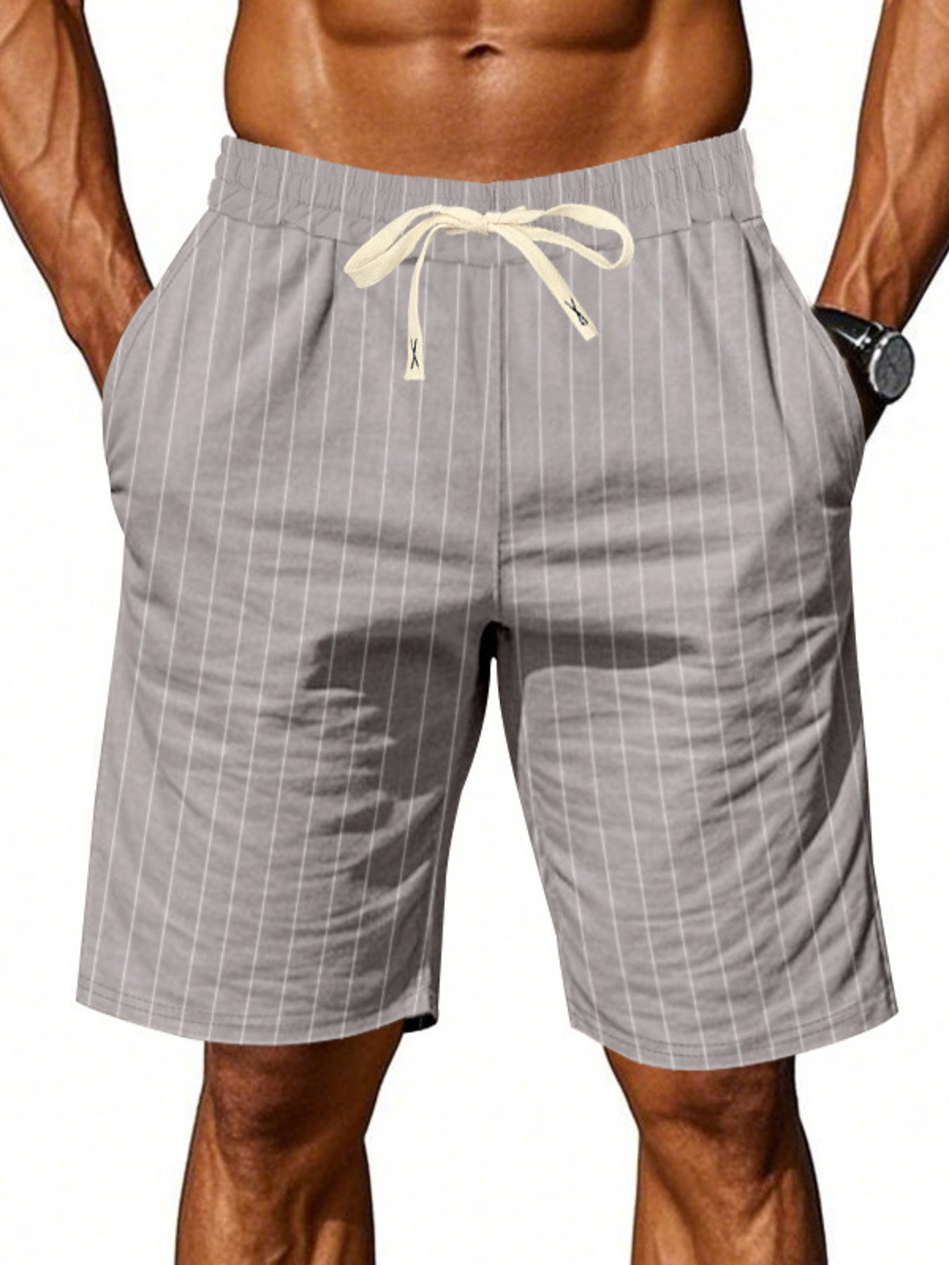 Gray pinstripe chino shorts with drawstring waist and pockets.