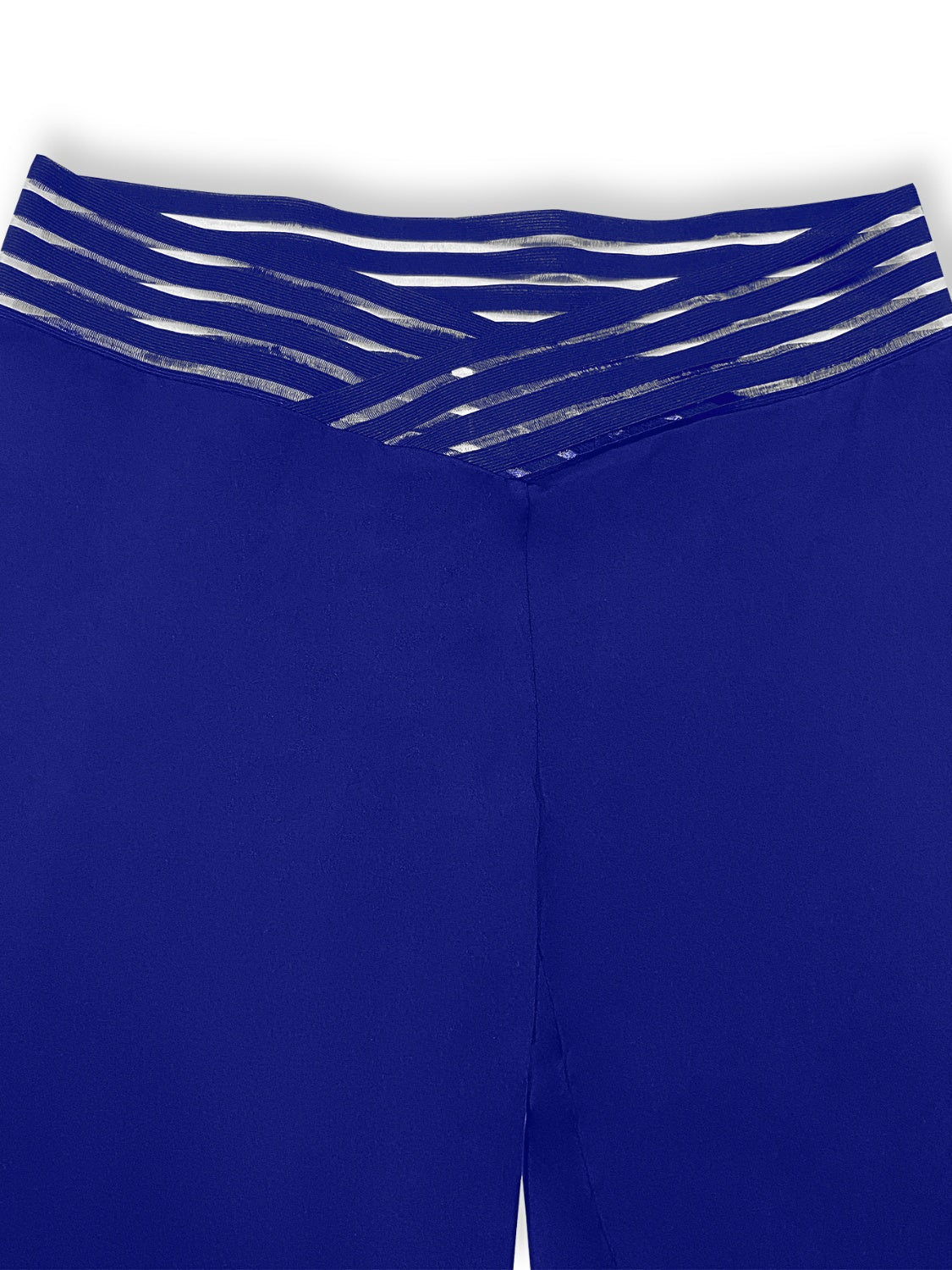Royal blue flare leggings with a crisscross crossover waistband detail.