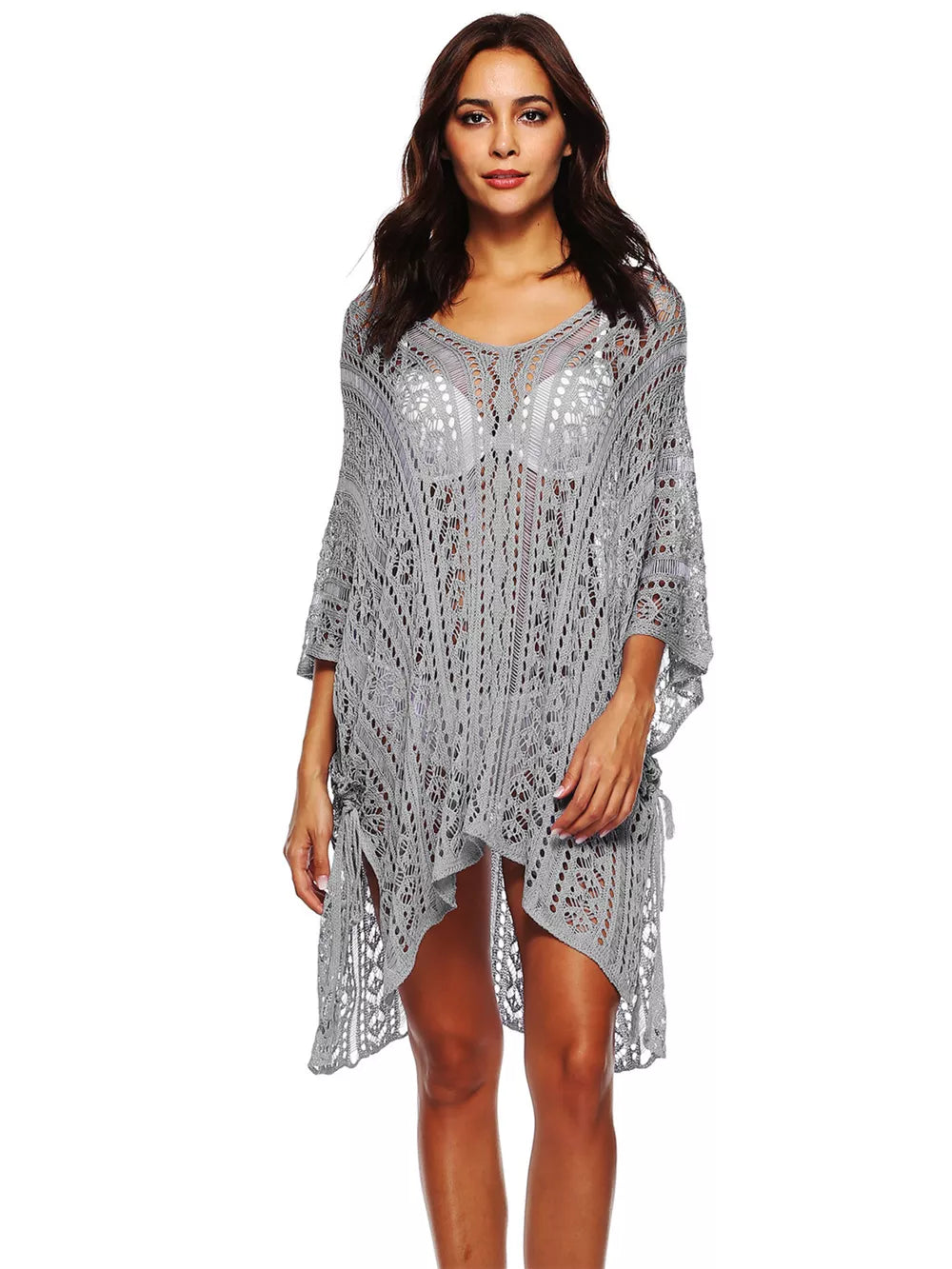 Gray crochet v-neck beach cover-up with cutout details and side ties.
