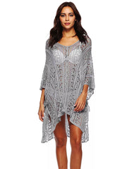 Gray crochet v-neck beach cover-up with cutout details and side ties.