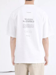 White cotton blend crew neck t-shirt with graphic text print on back