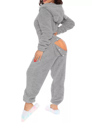 Light gray fleece hooded romper with open back detail and button closure.