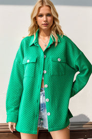 Green diamond quilted oversized shirt jacket with button front and chest pockets