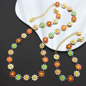Gold daisy chain enamel collar necklace with colorful flower charms