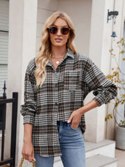 Oversized plaid shirt jacket in brown and black with a chest pocket and button front.