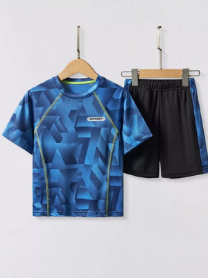 Boys' blue geometric print sport set with black shorts.