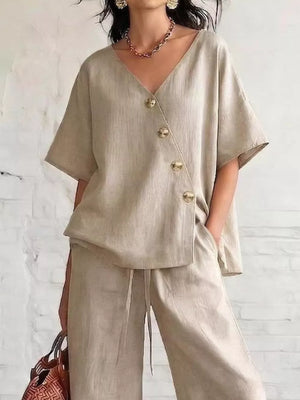 Full Size Surplice Half Sleeve Top And Wide-leg Pants Set, editorial view