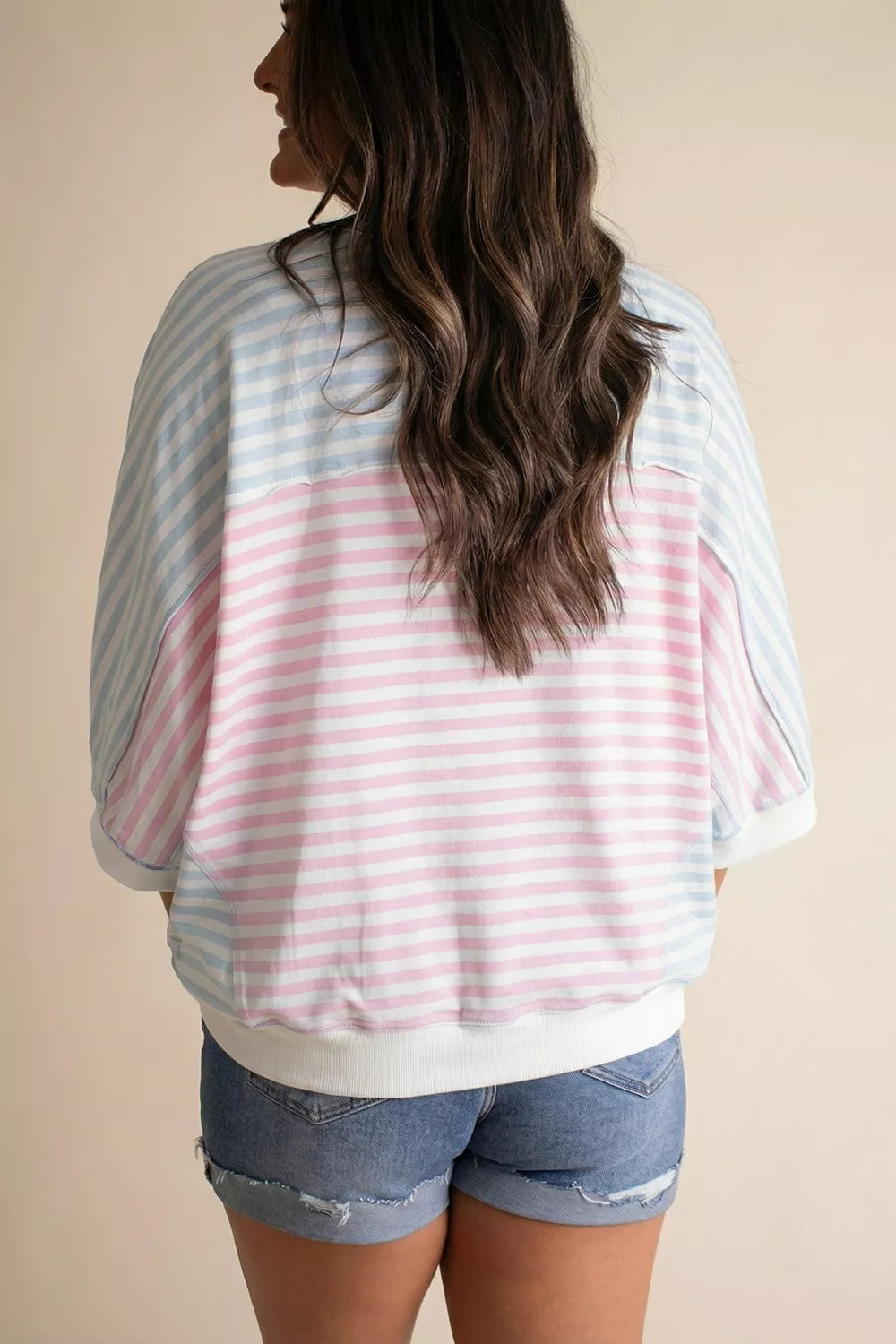 Casual Stripe Oversize Dolman Sleeve T Shirt in Blush Pink, side view