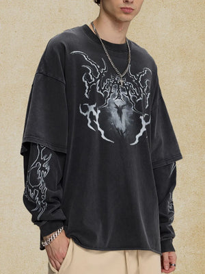 Black layered graphic sweatshirt with distressed effect and flame design on sleeves.
