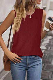 Burgundy textured sleeveless shell top with a diamond pattern, crew neck.