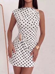 Ruched Asymmetrical Sleeveless Mini Dress in White, product detail