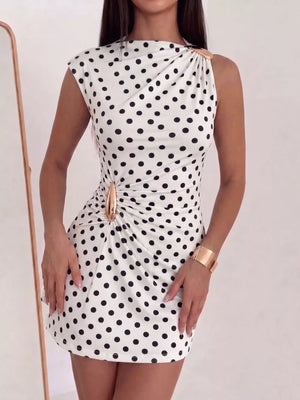 Ruched Asymmetrical Sleeveless Mini Dress in White, product detail