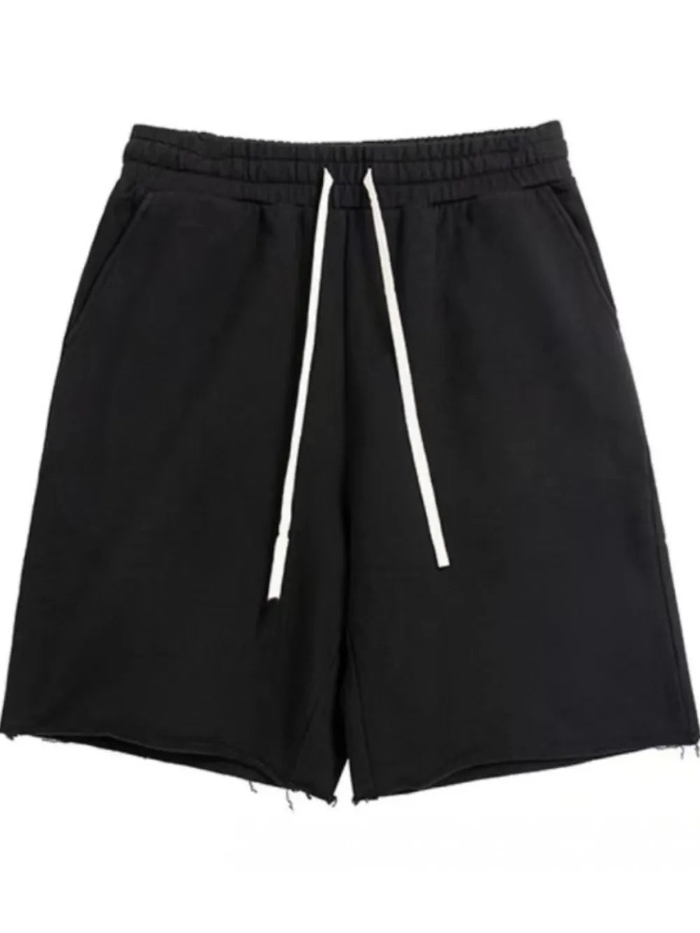 Black relaxed fit jogger shorts with raw hem and white drawstring.