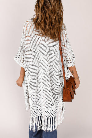 White open knit chevron fringe cardigan with crochet details and elbow sleeves.