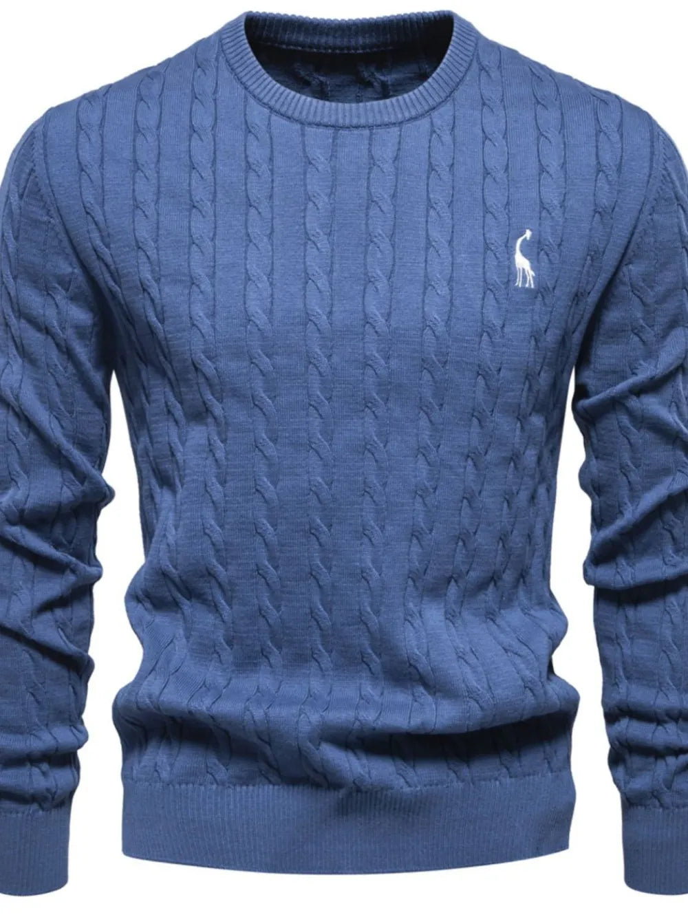 Dusty Blue cable knit crewneck sweater with white embroidered giraffe detail.