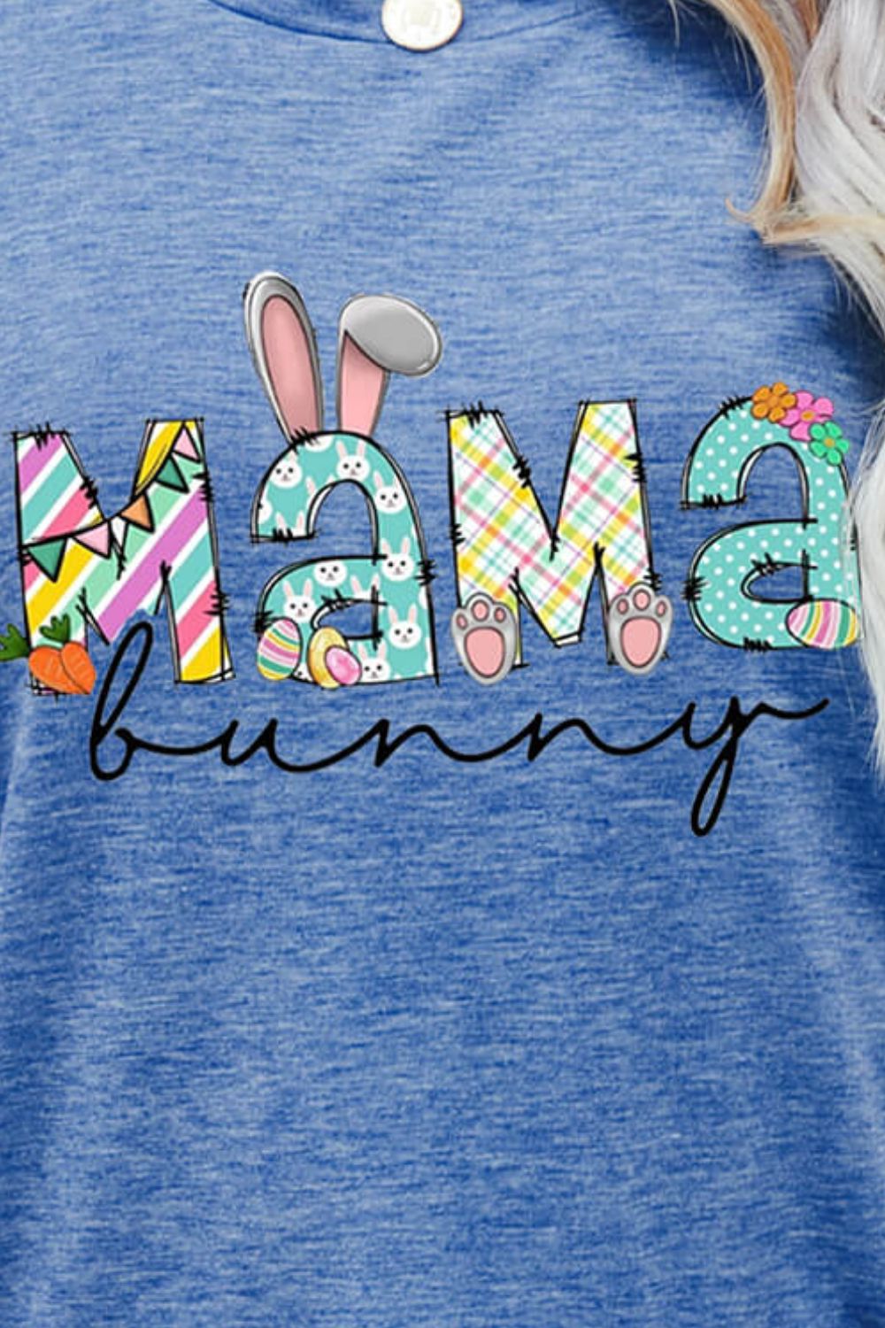 Cobalt blue graphic tee with Mama Bunny text and Easter graphics.