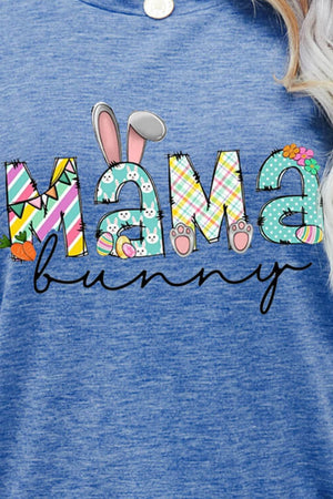Cobalt blue graphic tee with Mama Bunny text and Easter graphics.