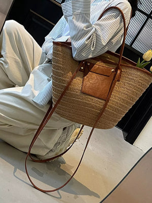 Straw Woven Shoulder Bag With Leather Accents in Khaki, close-up detail