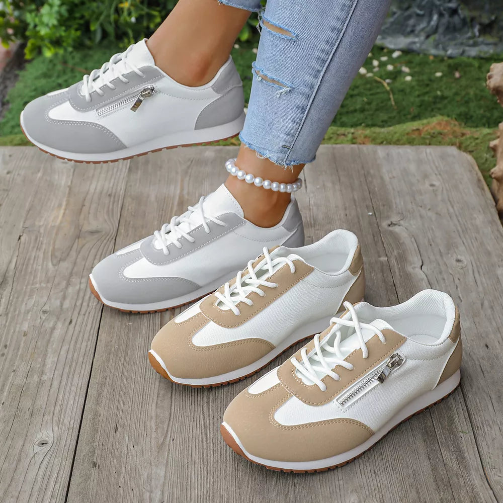 Round Toe Lace Up Sneakers in Khaki, front view