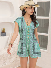 Turquoise bohemian print cap-sleeve playsuit with button front and v-neck.
