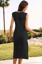 Black open-knit midi dress with side slit, 100% viscose, sleeveless, crew neck