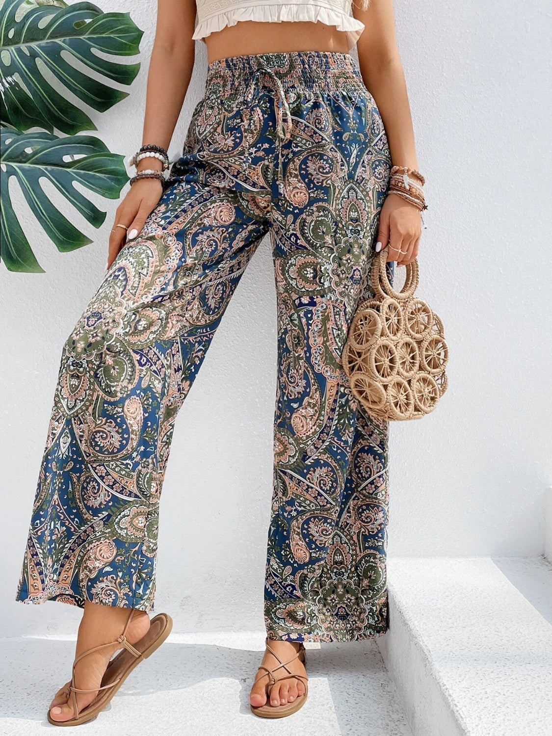 Paisley palazzo trousers in multicolor with drawstring waist and wide leg