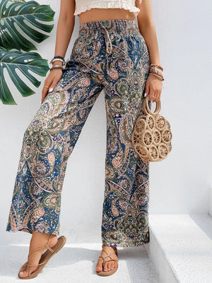 Paisley palazzo trousers in multicolor with drawstring waist and wide leg