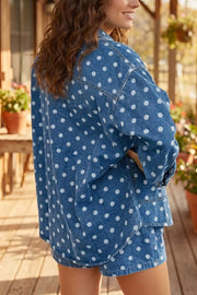 Polka Dot Long Sleeve Collar Shift Tunic Denim Jacket in Dusty Blue, model styling view