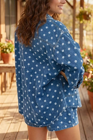 Polka Dot Long Sleeve Collar Shift Tunic Denim Jacket in Dusty Blue, model styling view