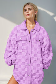 Lilac textured checkered shacket with corduroy trim and buttoned pockets.