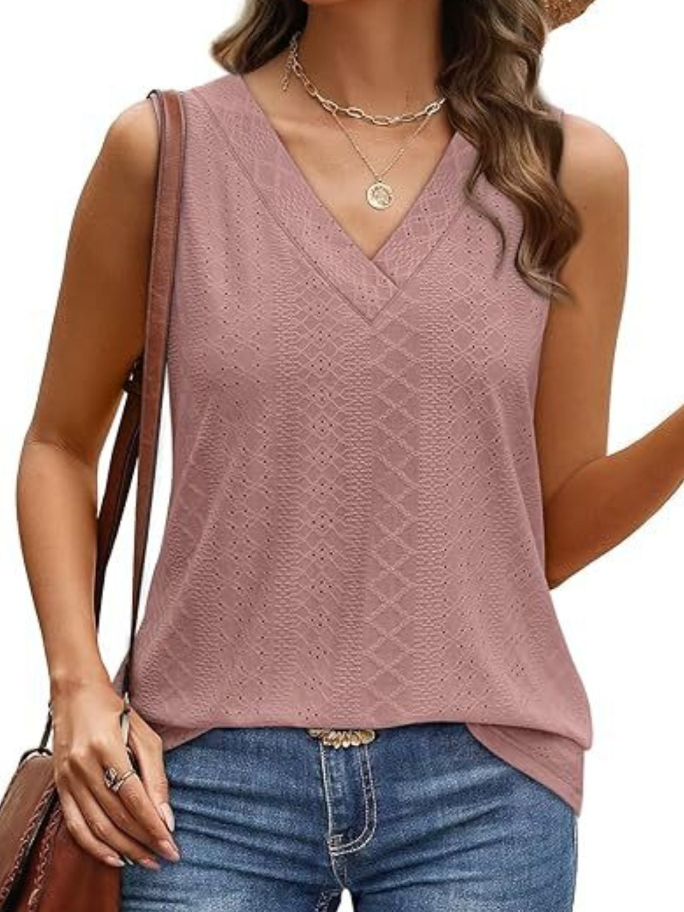 Dusty pink eyelet V-neck sleeveless tank top with a diamond pattern.