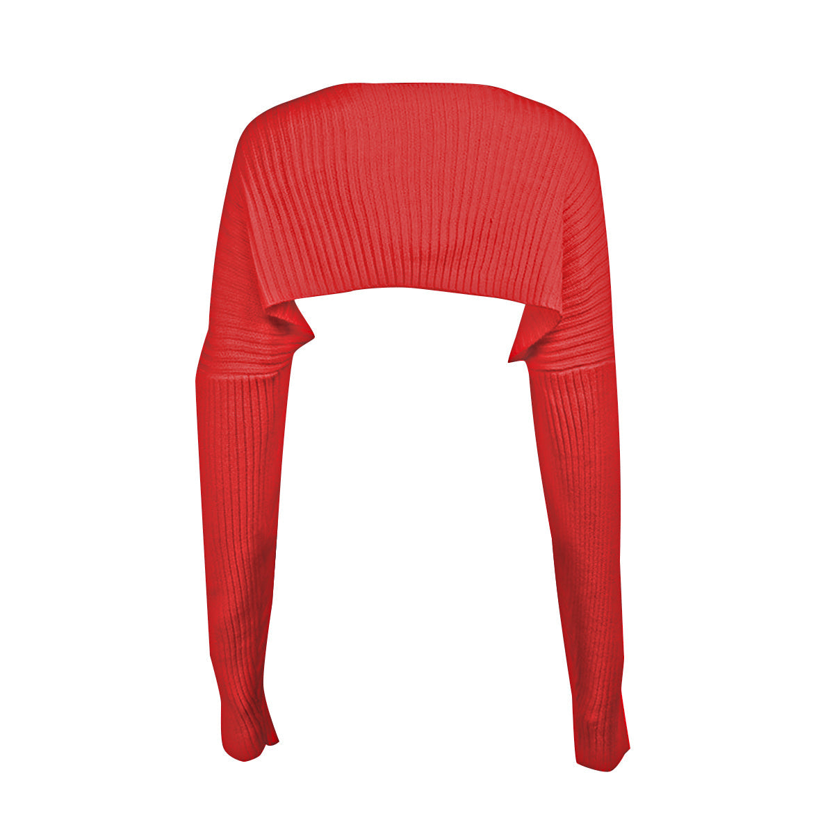 Red ribbed knit shrug with extended sleeves and a cropped fit.