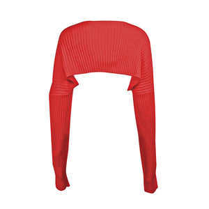 Red ribbed knit shrug with extended sleeves and a cropped fit.