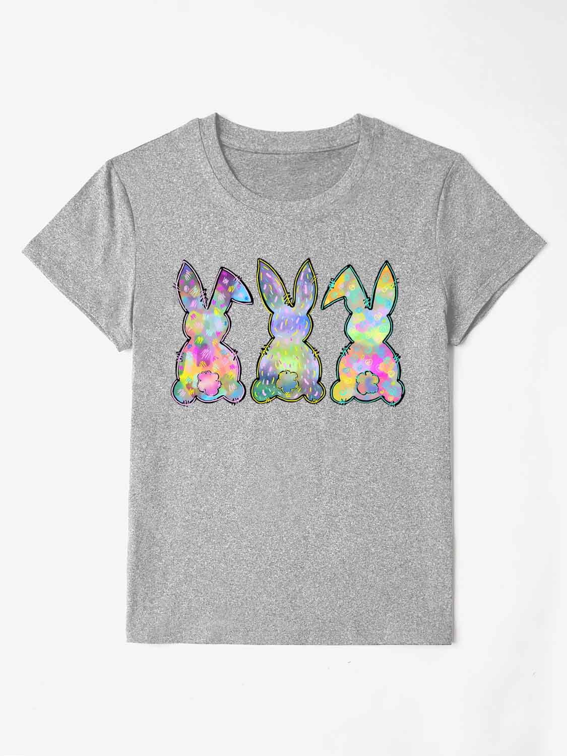 Gray t-shirt with three pastel bunny silhouettes featuring a colorful, speckled pattern.