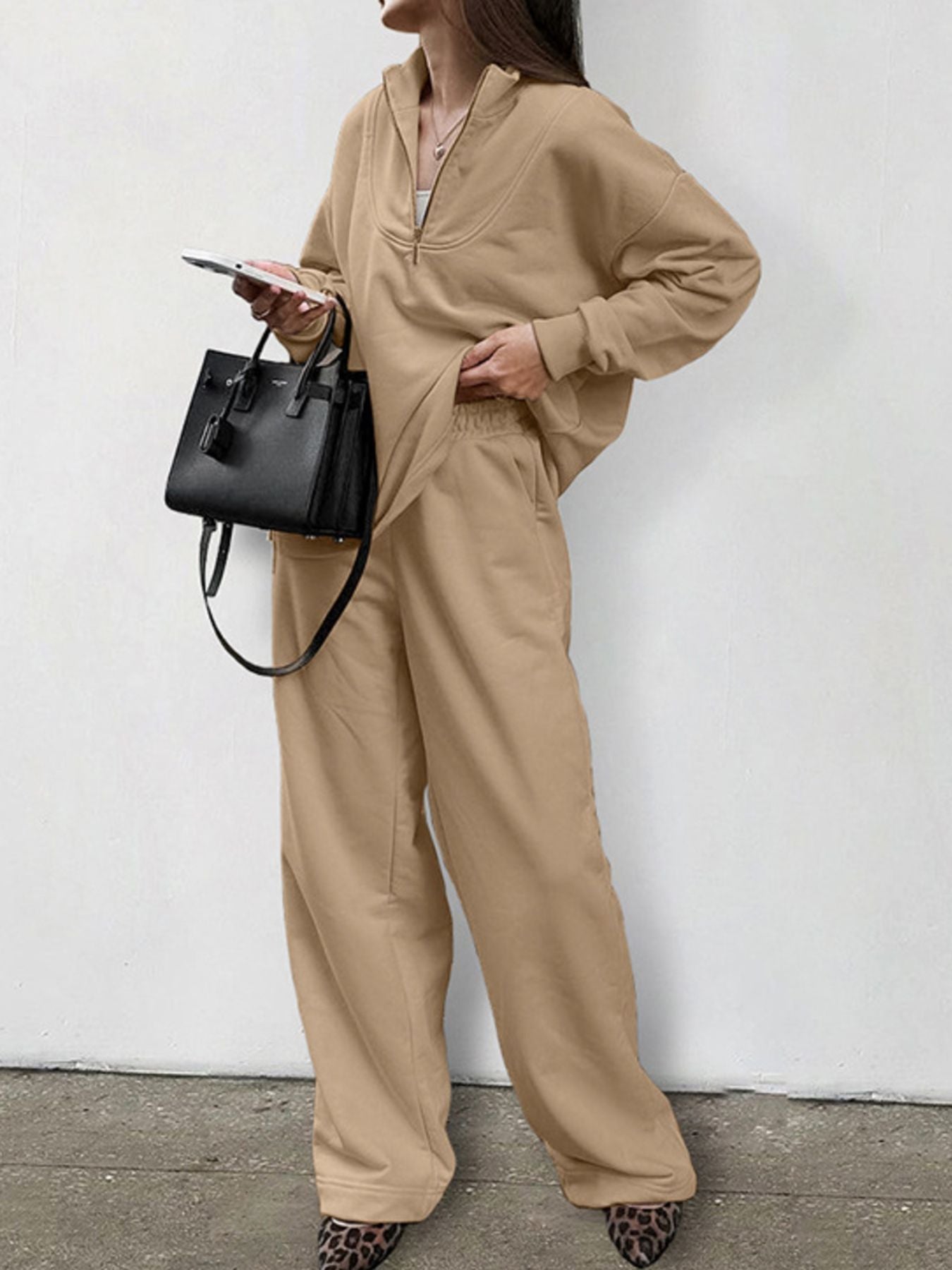 Camel quarter zip top and wide leg pants set with a relaxed fit.