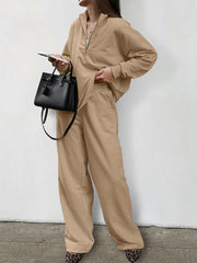 Camel quarter zip top and wide leg pants set with a relaxed fit.