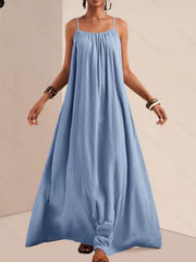 Sky blue maxi dress with spaghetti straps and gathered neckline.