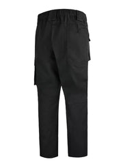 Men's black functional cargo pants with elastic waistband and multiple pockets.
