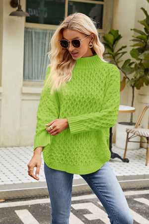 Mid Green textured diamond knit mock neck pullover sweater with ribbed cuffs and hem.