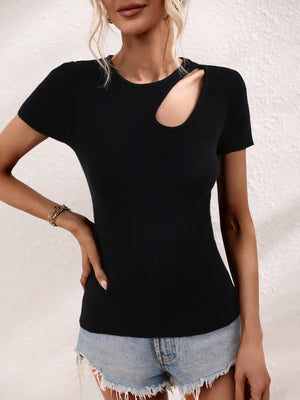 Black knit t-shirt with a cutout detail on the neckline and short sleeves.